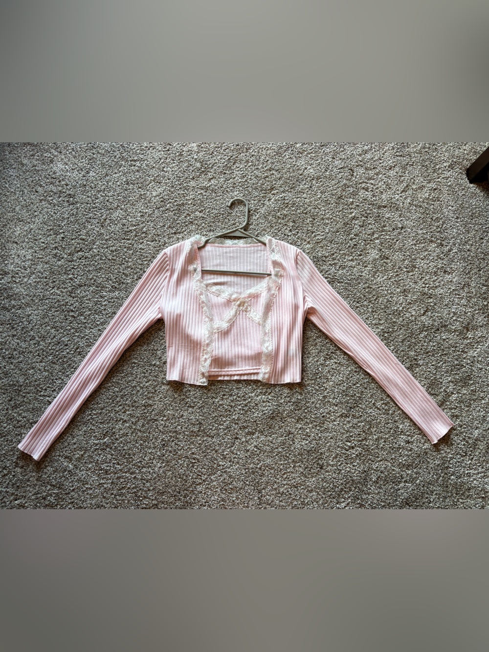 SHEIN Light Pink Ribbed Cropped Cardigan with Lace Trim